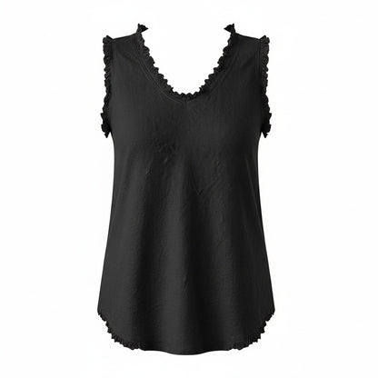 Dames Tank Top Mouwloos met V-hals en Gerafelde Randen Zwart