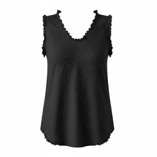 Dames Tank Top Mouwloos met V-hals en Gerafelde Randen Zwart