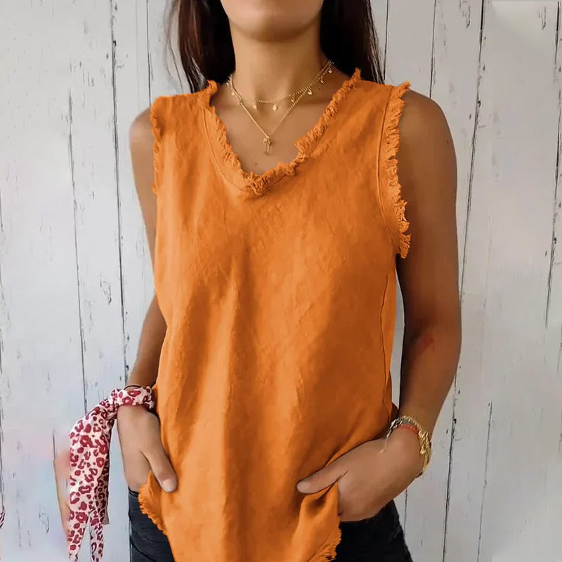 Dames Tank Top Mouwloos met V-hals en Gerafelde Randen Oranje