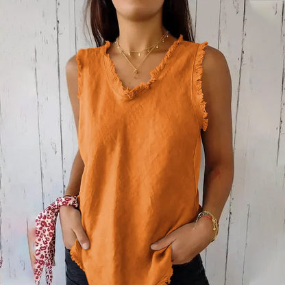 Dames Tank Top Mouwloos met V-hals en Gerafelde Randen Oranje