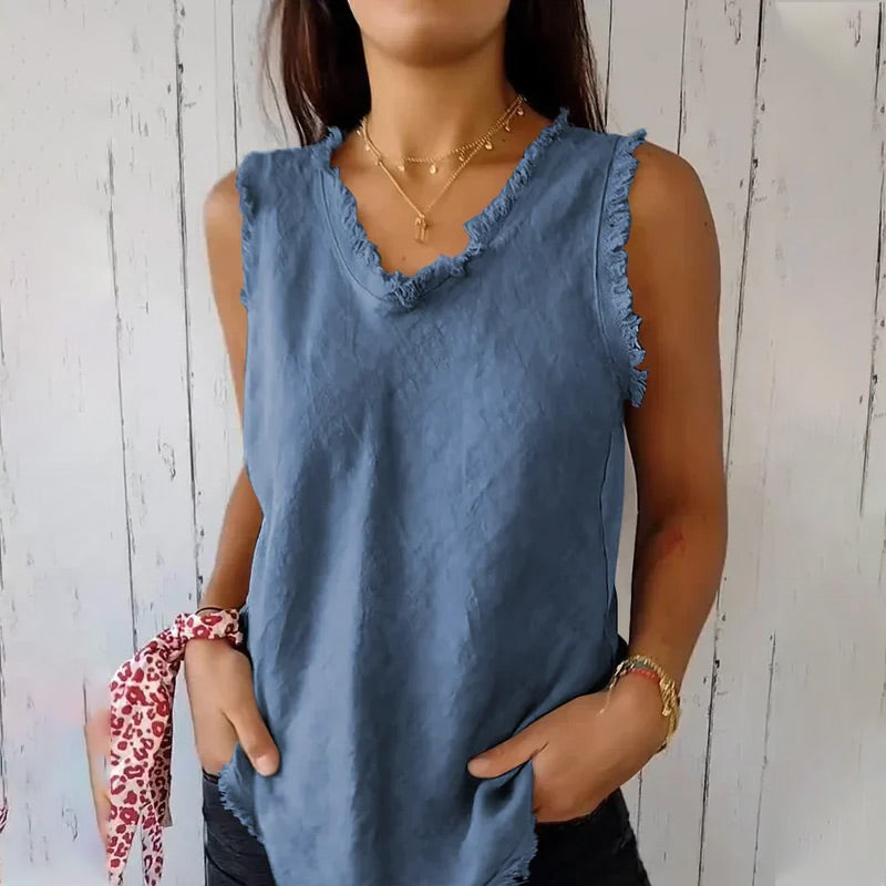 Dames Tank Top Mouwloos met V-hals en Gerafelde Randen Blauw