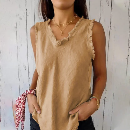 Dames Tank Top Mouwloos met V-hals en Gerafelde Randen Geel