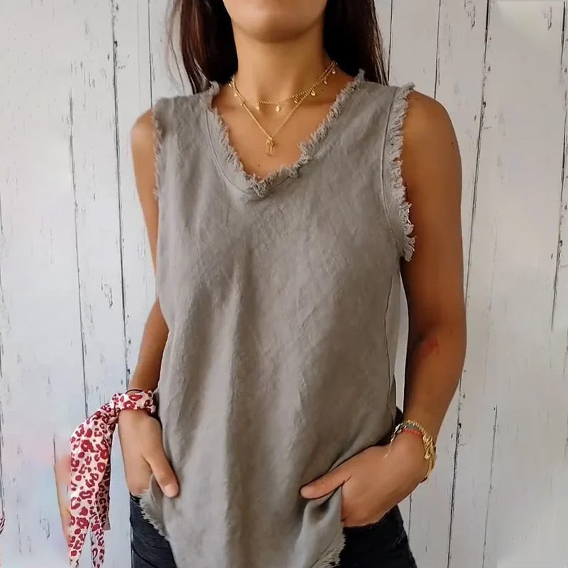 Dames Tank Top Mouwloos met V-hals en Gerafelde Randen Grijs