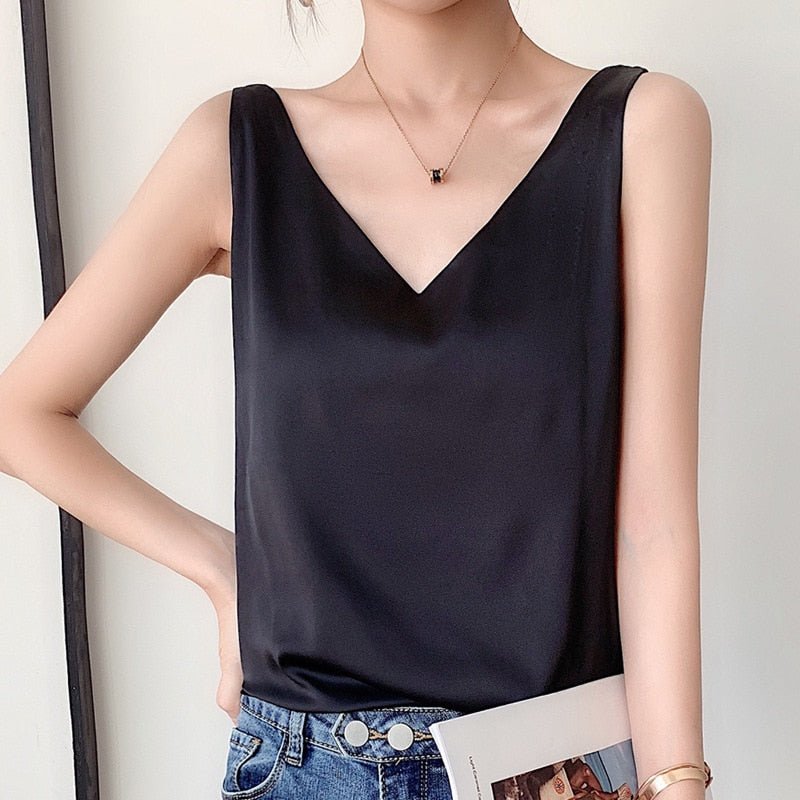 Dames Tank Top Mouwloos met V-hals en Glanzende Finish