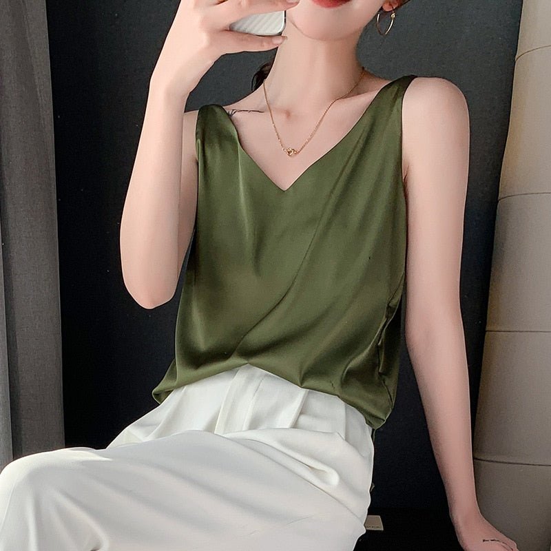 Dames Tank Top Mouwloos met V-hals en Glanzende Finish