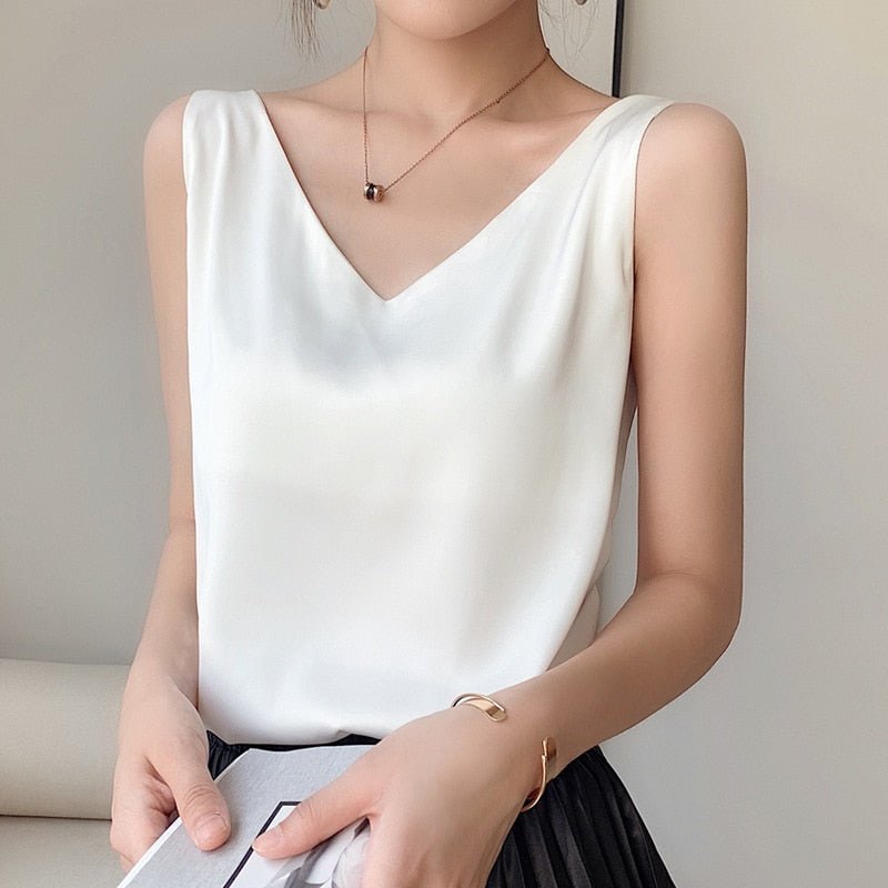 Dames Tank Top Mouwloos met V-hals en Glanzende Finish