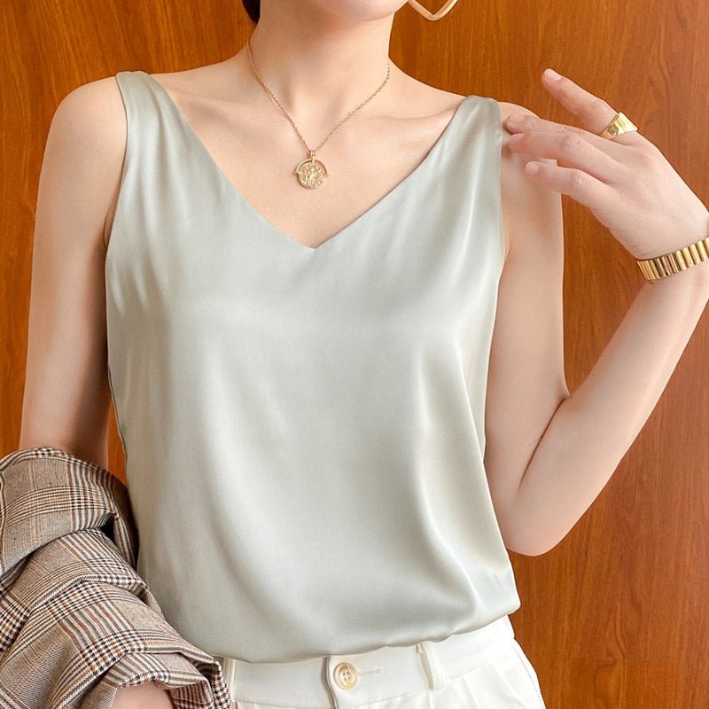 Dames Tank Top Mouwloos met V-hals en Glanzende Finish