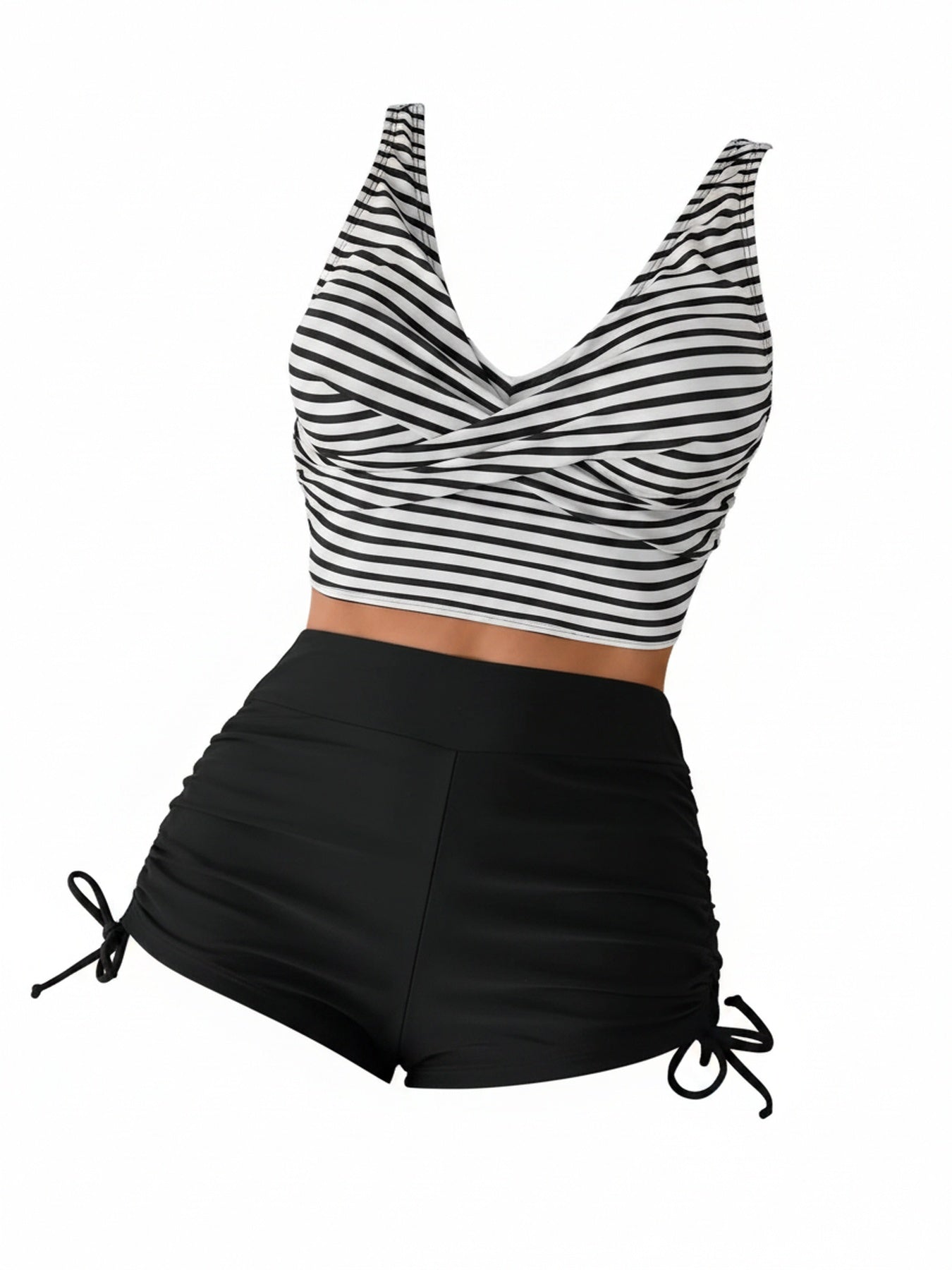 Dames Tankini Bikiniset met Hoge Taille, Twist Front V-hals en Gestreepte Top