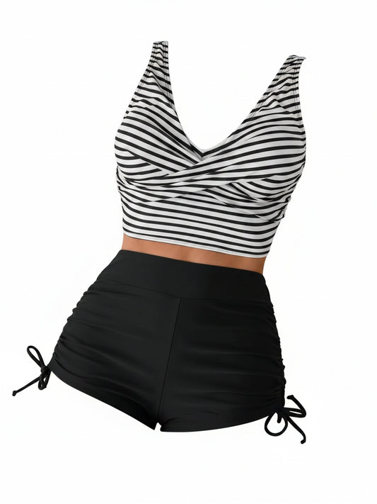 Dames Tankini Bikiniset met Hoge Taille, Twist Front V-hals en Gestreepte Top