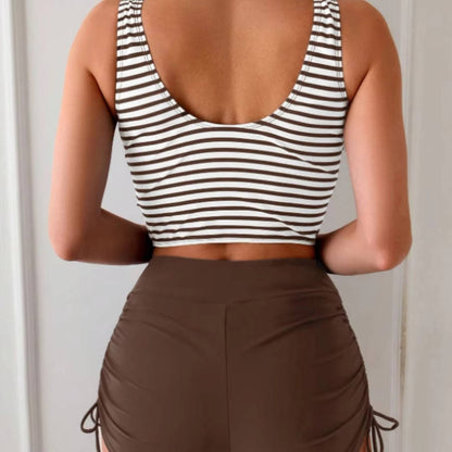 Dames Tankini Bikiniset met Hoge Taille, Twist Front V-hals en Gestreepte Top