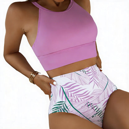 Dames Tankini met Bladmotief en Hoge Taille