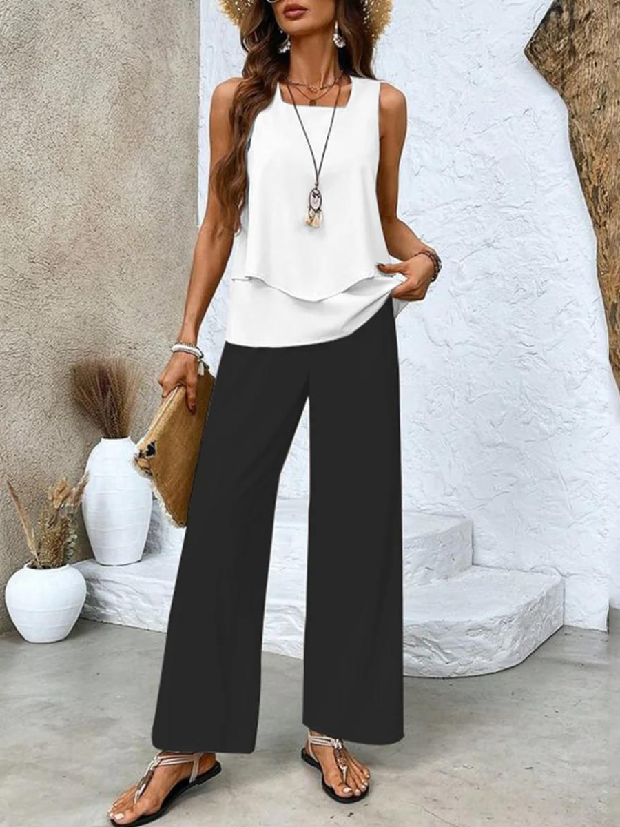 Dames Toepassingsset Mouwloze Top met Vierkante Hals en Wide-leg Broek