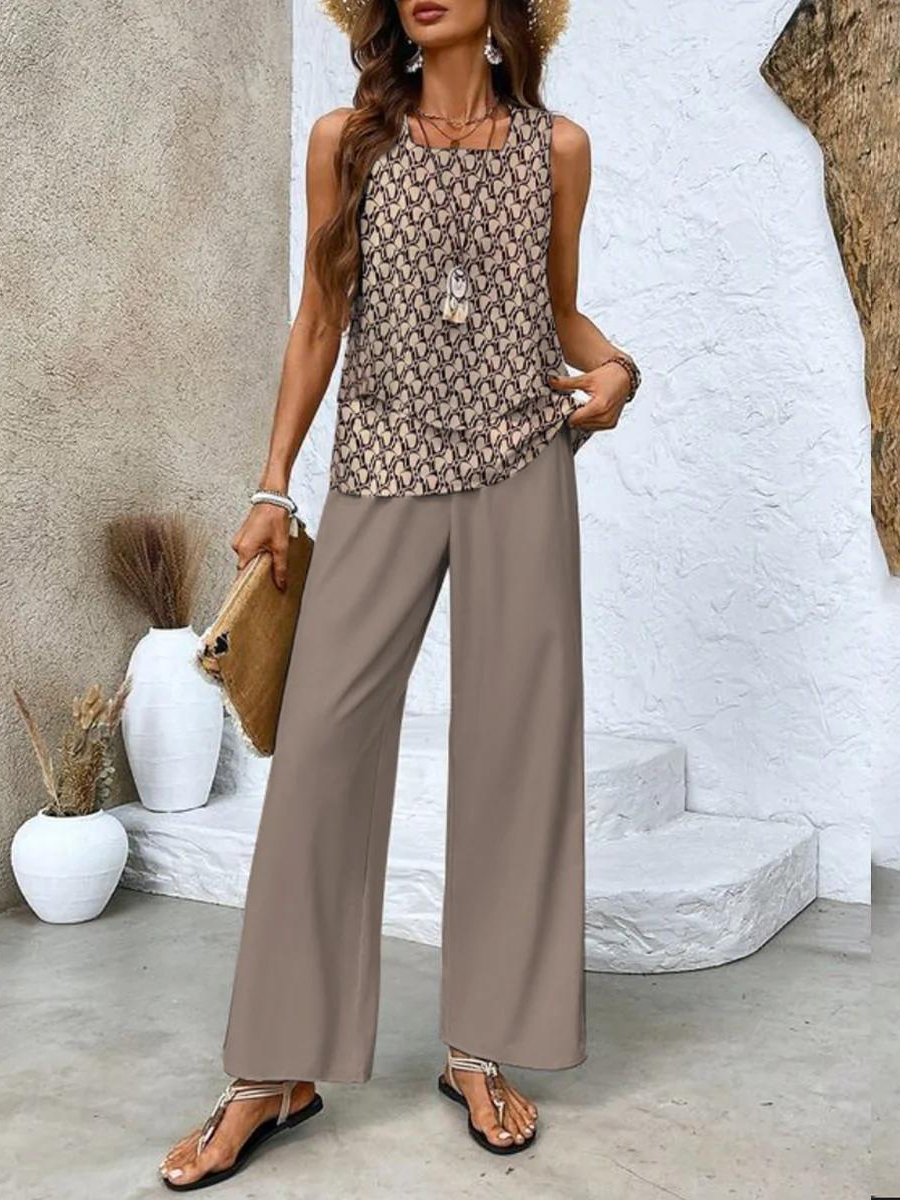 Dames Toepassingsset Mouwloze Top met Vierkante Hals en Wide-leg Broek