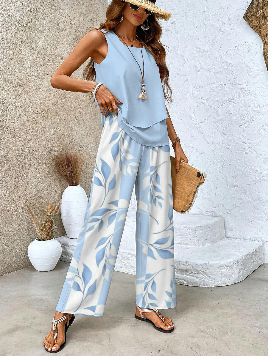 Dames Toepassingsset Mouwloze Top met Vierkante Hals en Wide-leg Broek