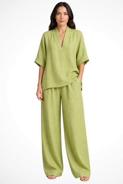 Dames Toevallige Set met V-hals Top en Wijde Broek Groen