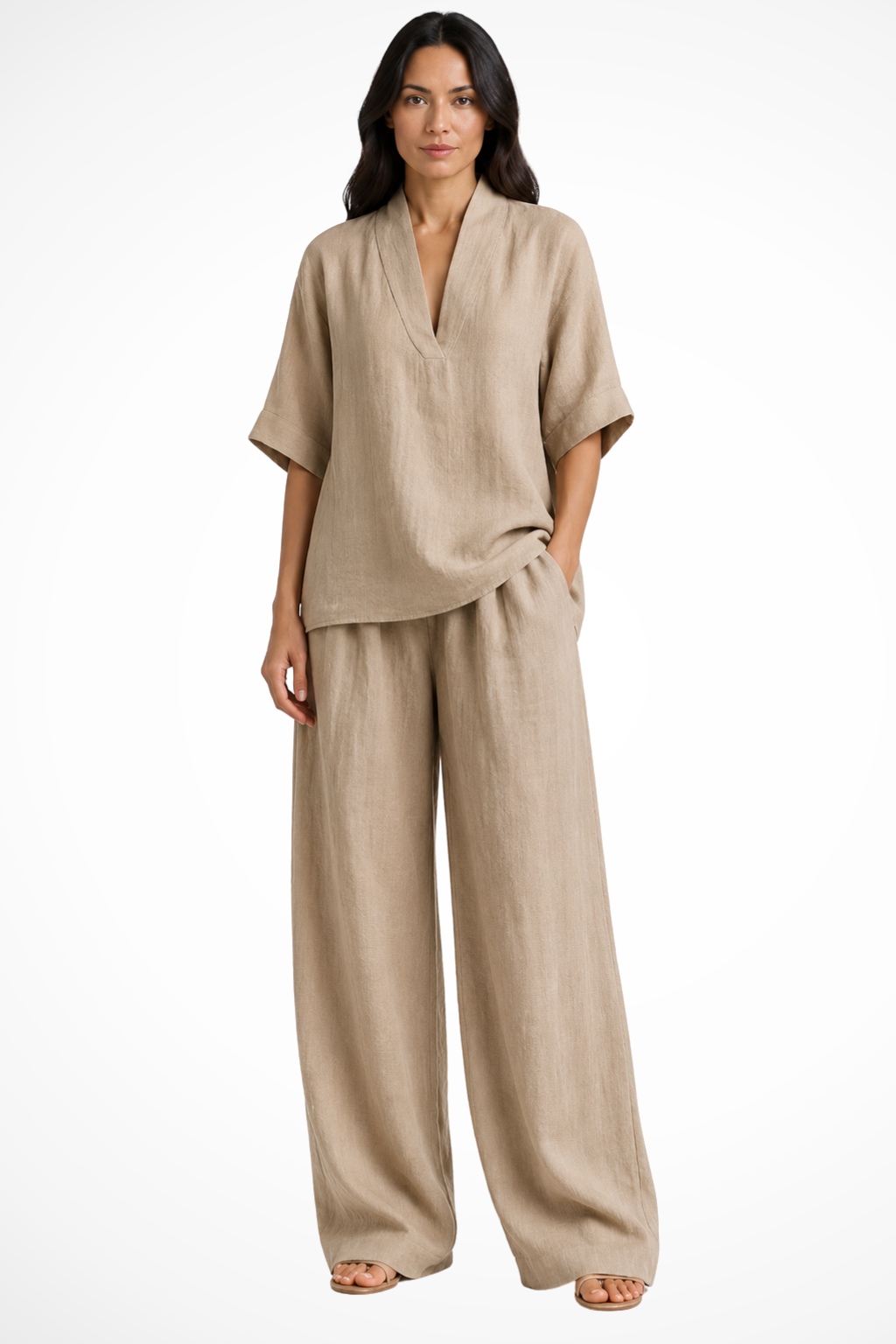 Dames Toevallige Set met V-hals Top en Wijde Broek Khaki