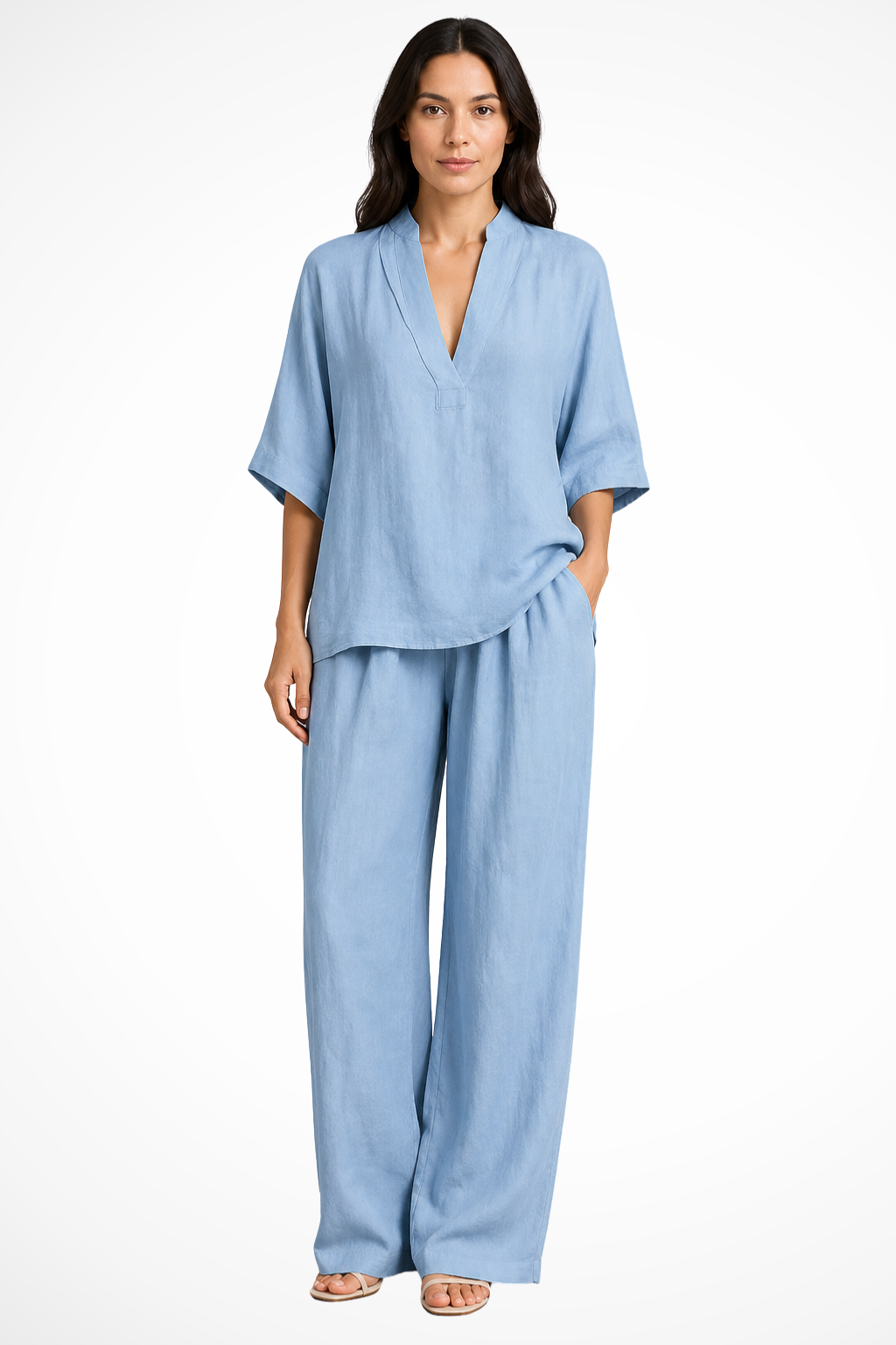 Dames Toevallige Set met V-hals Top en Wijde Broek Blauw