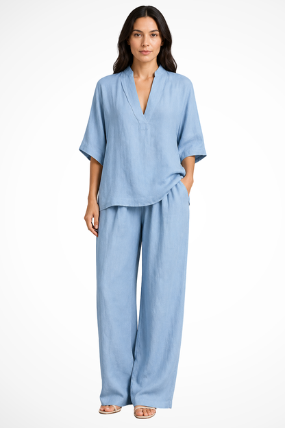 Dames Toevallige Set met V-hals Top en Wijde Broek Blauw