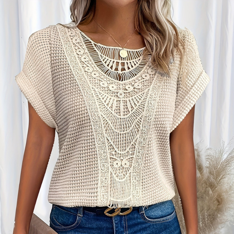 Dames Top Korte Mouw met Haak Patroon en Ronde Hals Beige