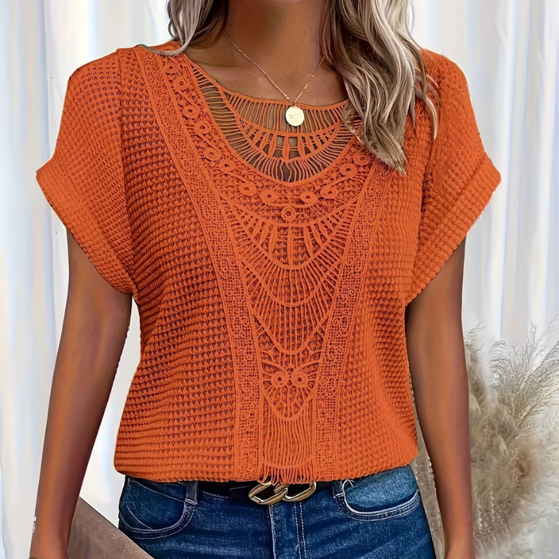 Dames Top Korte Mouw met Haak Patroon en Ronde Hals Oranje