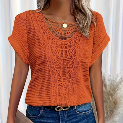Dames Top Korte Mouw met Haak Patroon en Ronde Hals Oranje