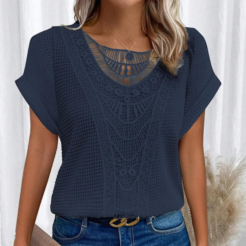 Dames Top Korte Mouw met Haak Patroon en Ronde Hals Donkerblauw