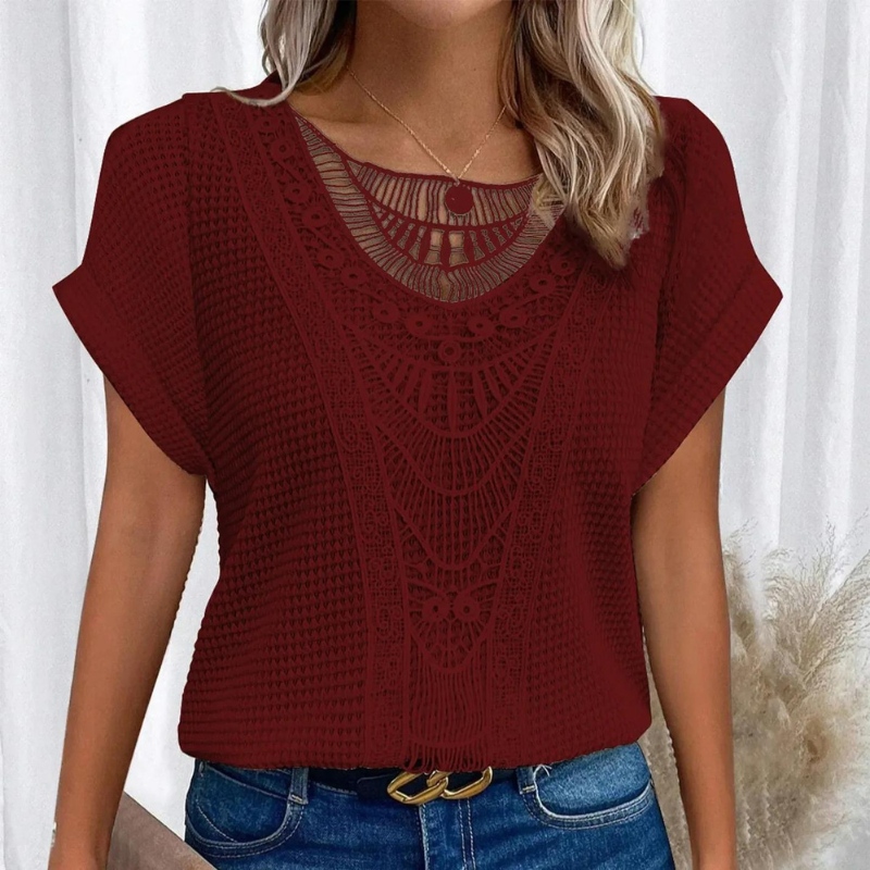 Dames Top Korte Mouw met Haak Patroon en Ronde Hals Rood
