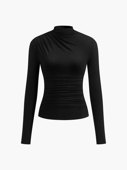 Dames Top met Lange Mouw, Mock Neck en Ruchedetail Slim Fit