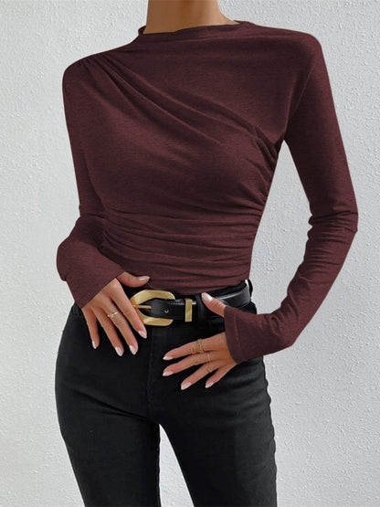 Dames Top met Lange Mouw, Mock Neck en Ruchedetail Slim Fit