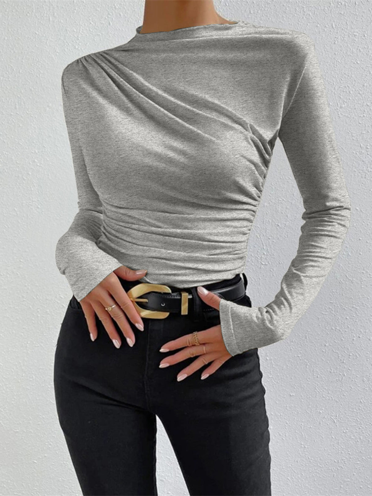 Dames Top met Lange Mouw, Mock Neck en Ruchedetail Slim Fit