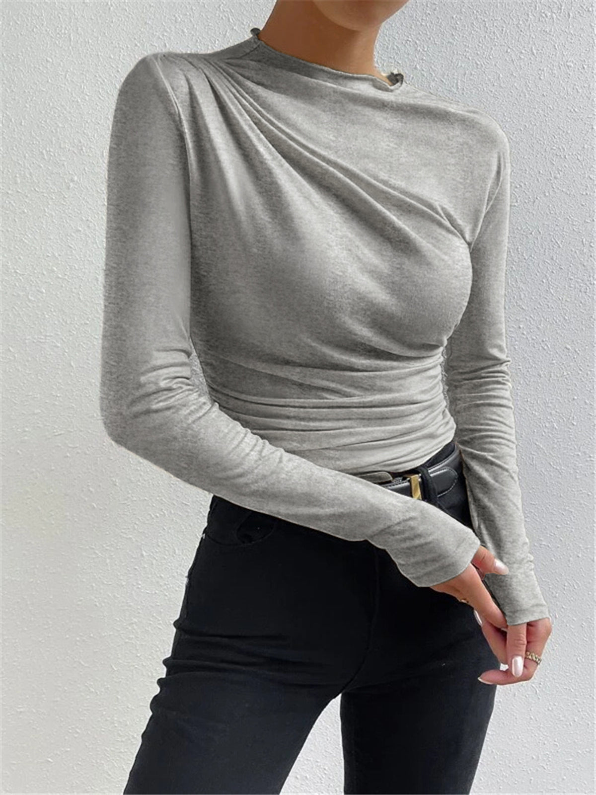 Dames Top met Lange Mouw, Mock Neck en Ruchedetail Slim Fit