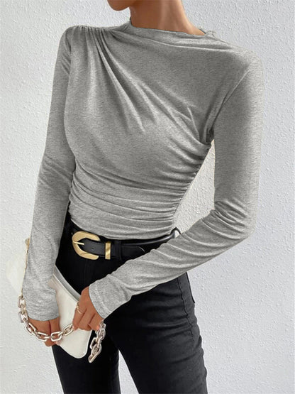Dames Top met Lange Mouw, Mock Neck en Ruchedetail Slim Fit