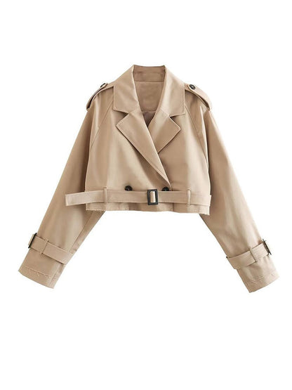 Dames Trenchcoat Kort Double-breasted met Riem en Kraag Beige