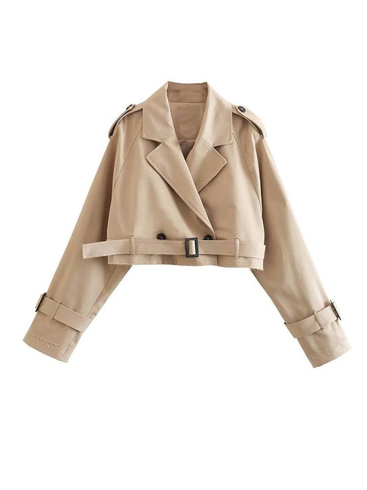 Dames Trenchcoat Kort Double-breasted met Riem en Kraag Beige