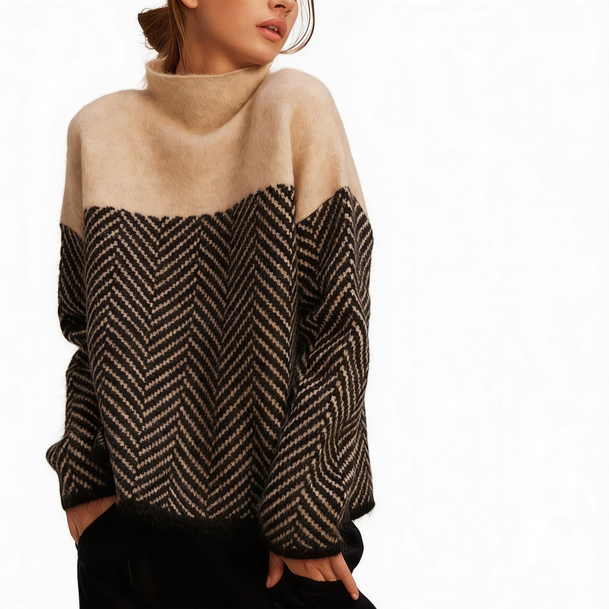 Dames Trui met Hoge Col en Visgraatpatroon