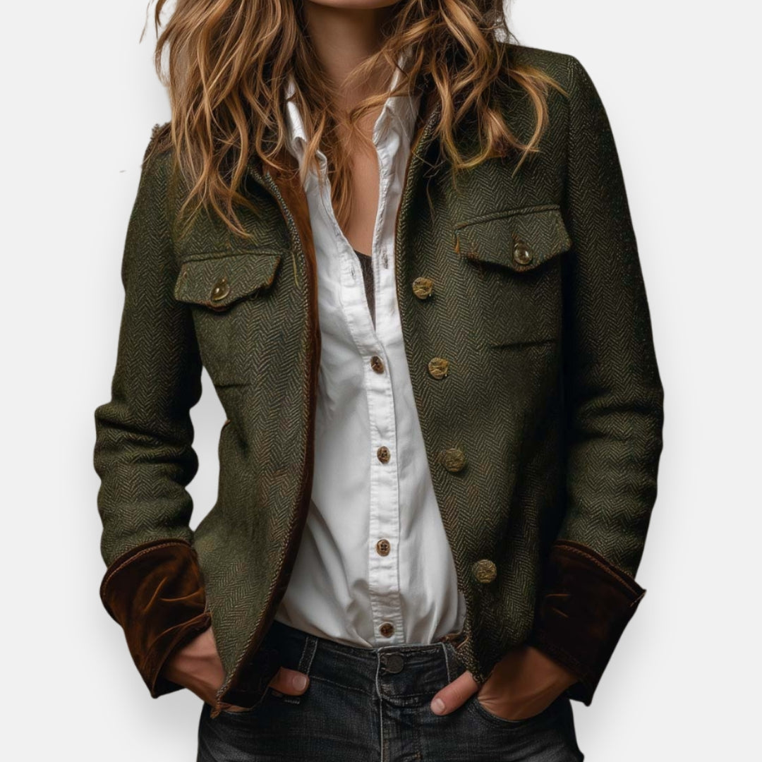 Dames Tweed Blazer met Visgraatmotief en Contrasterende Manchetten Donkergroen