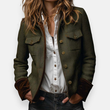 Dames Tweed Blazer met Visgraatmotief en Contrasterende Manchetten Donkergroen