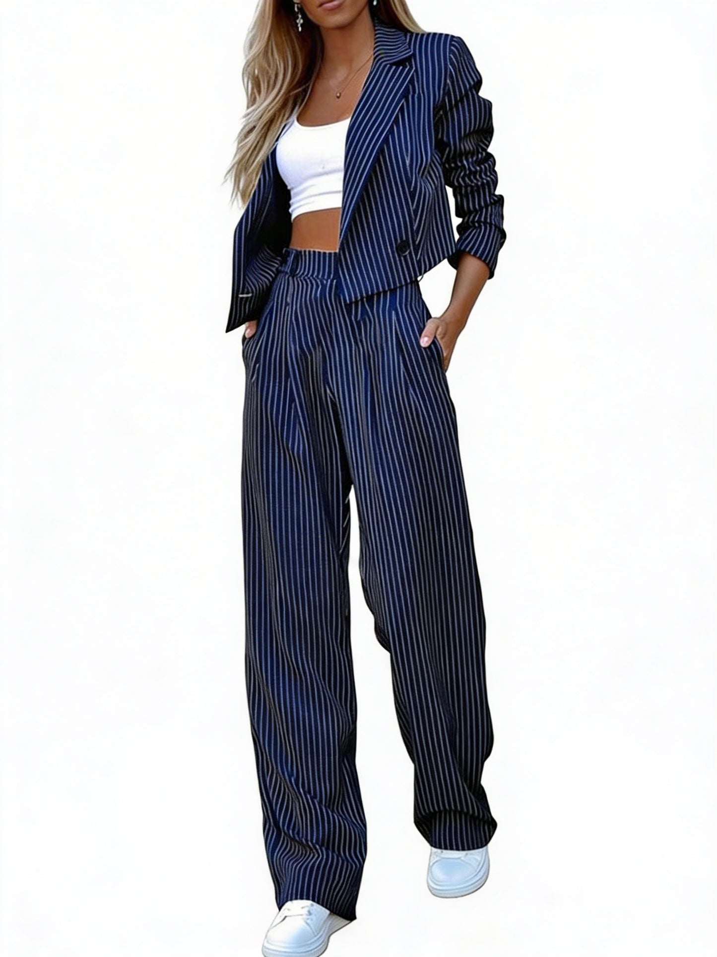 Dames Tweedelig Pak met Cropped Blazer en Wijde Broek