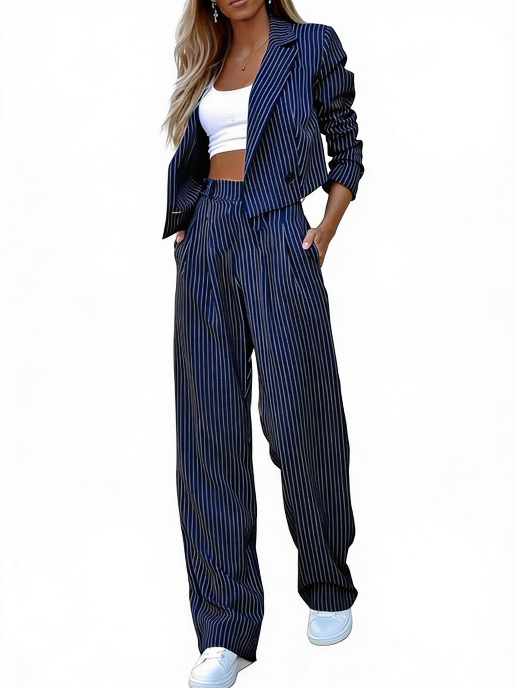 Dames Tweedelig Pak met Cropped Blazer en Wijde Broek