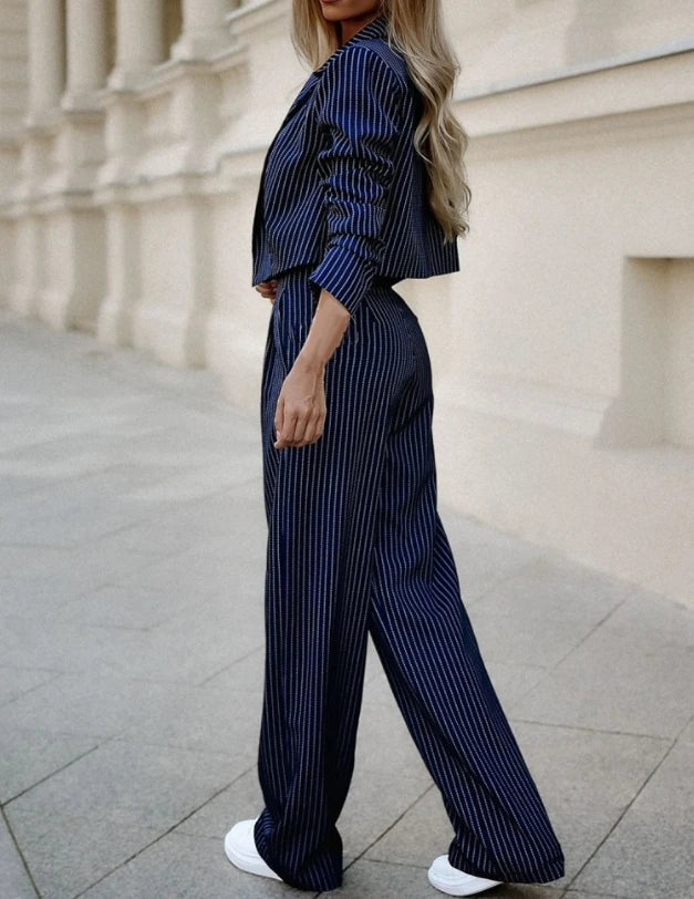 Dames Tweedelig Pak met Cropped Blazer en Wijde Broek