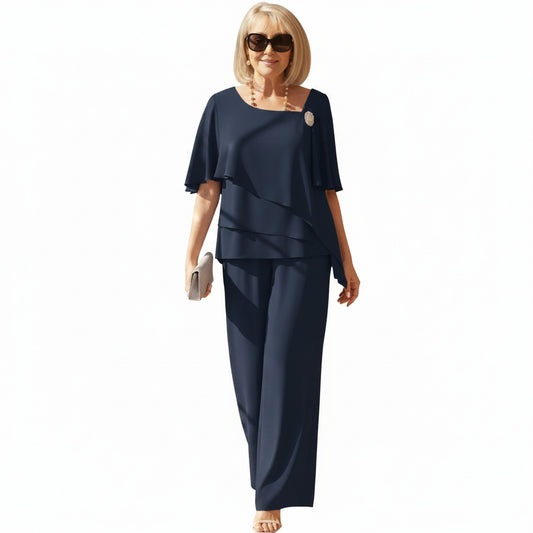 Dames Tweedelig Set met Asymmetrisch Overlay Top en Wijde Broek