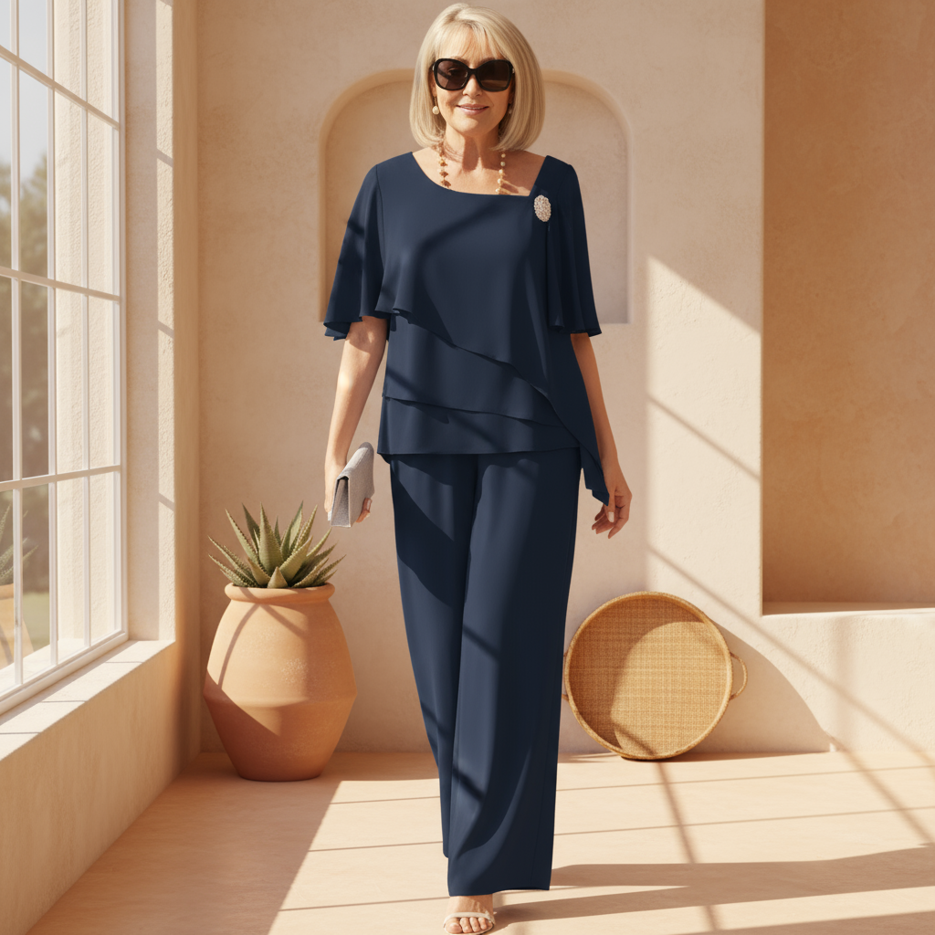 Dames Tweedelig Set met Asymmetrisch Overlay Top en Wijde Broek
