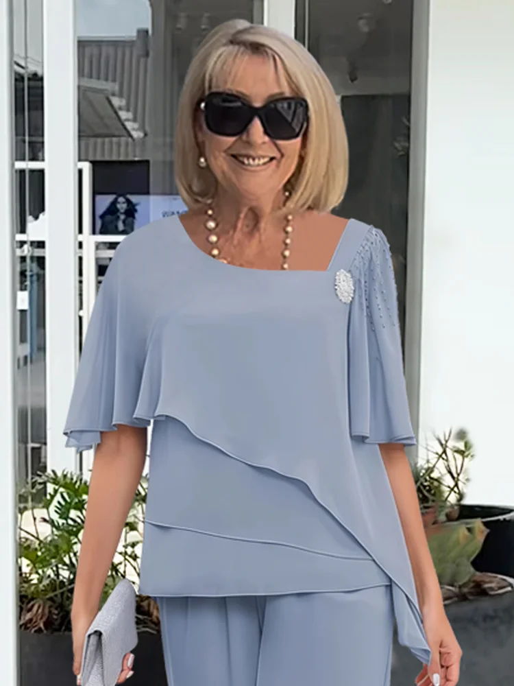 Dames Tweedelig Set met Asymmetrisch Overlay Top en Wijde Broek