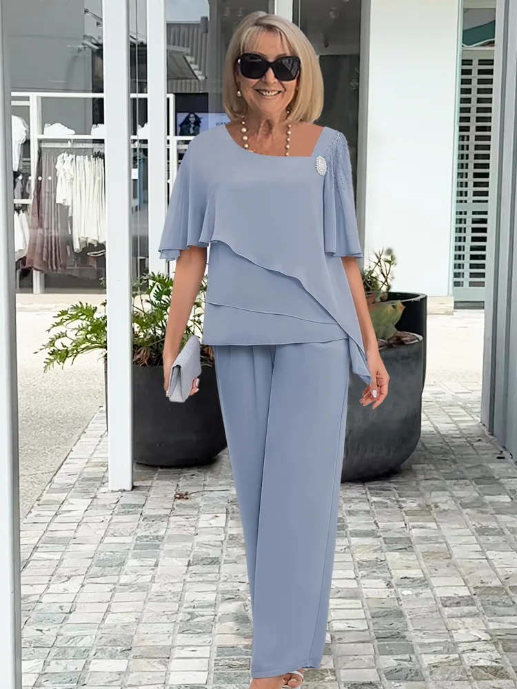 Dames Tweedelig Set met Asymmetrisch Overlay Top en Wijde Broek