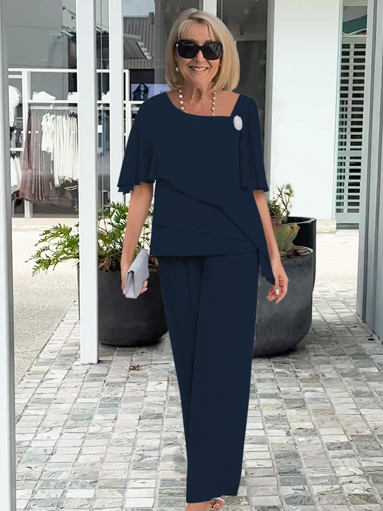 Dames Tweedelig Set met Asymmetrisch Overlay Top en Wijde Broek