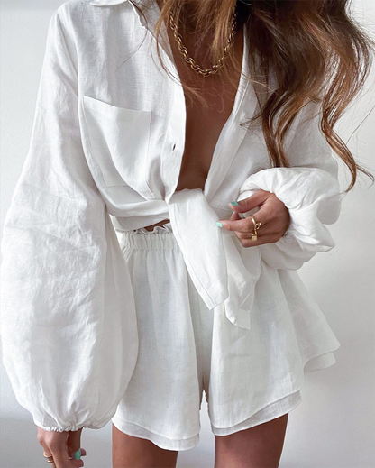Dames Tweedelige Set Blouse en Shorts met Lange Mouwen Wit