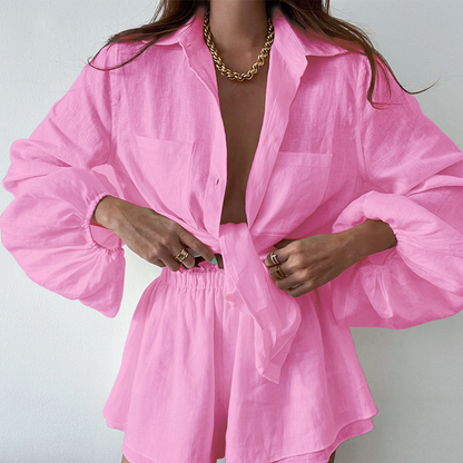 Dames Tweedelige Set Blouse en Shorts met Lange Mouwen Roze