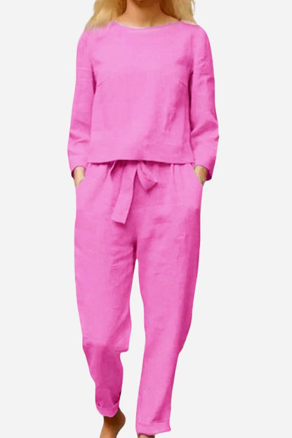 Dames Tweedelige Set met Lange Mouwen en Strikceintuur Roze