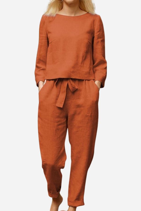 Dames Tweedelige Set met Lange Mouwen en Strikceintuur Rood