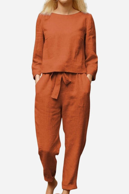 Dames Tweedelige Set met Lange Mouwen en Strikceintuur Rood
